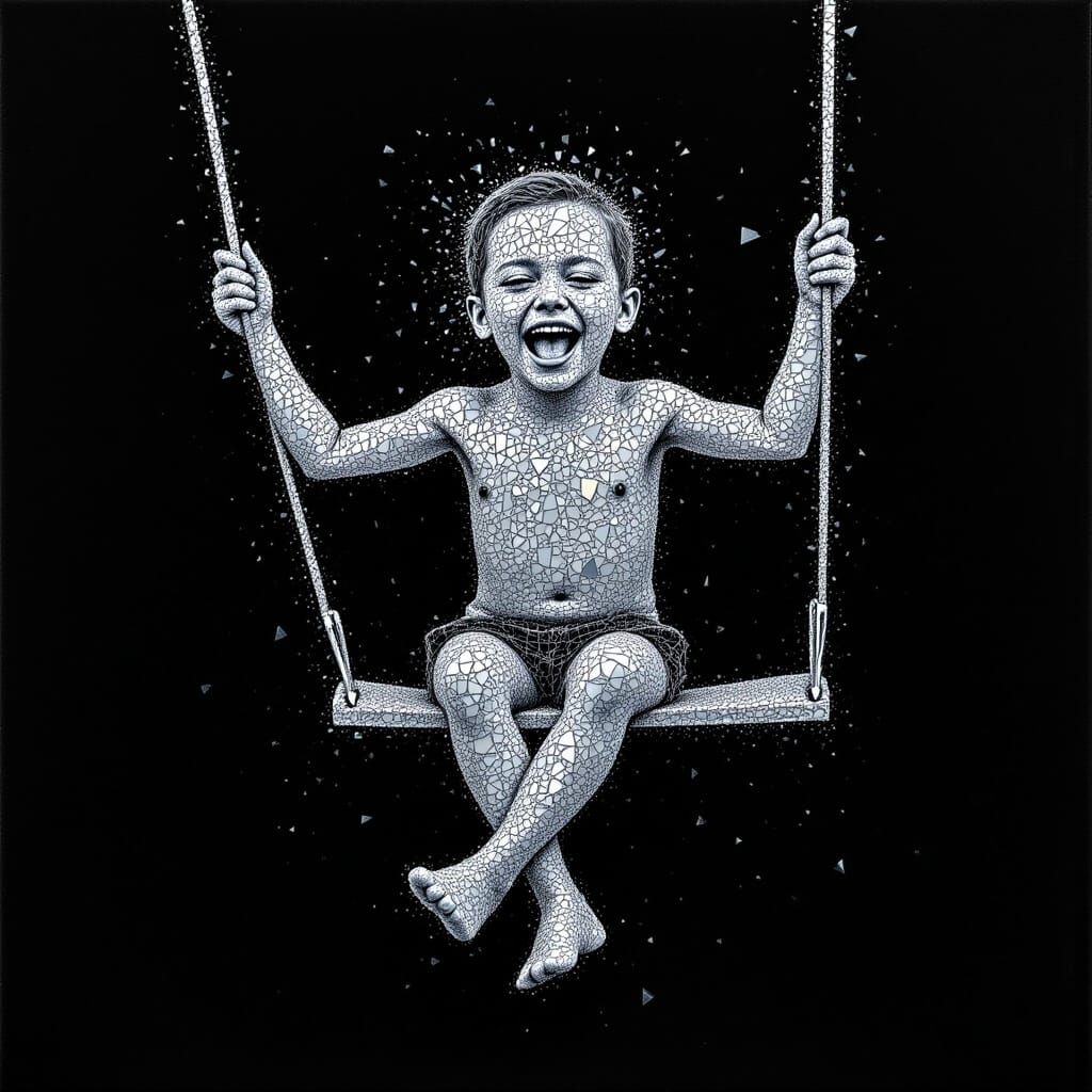 Happy kid on a swing abstract portrait made with shattered glass on black velvet. the shatters forms the outline of portrait <lora:Shattered...