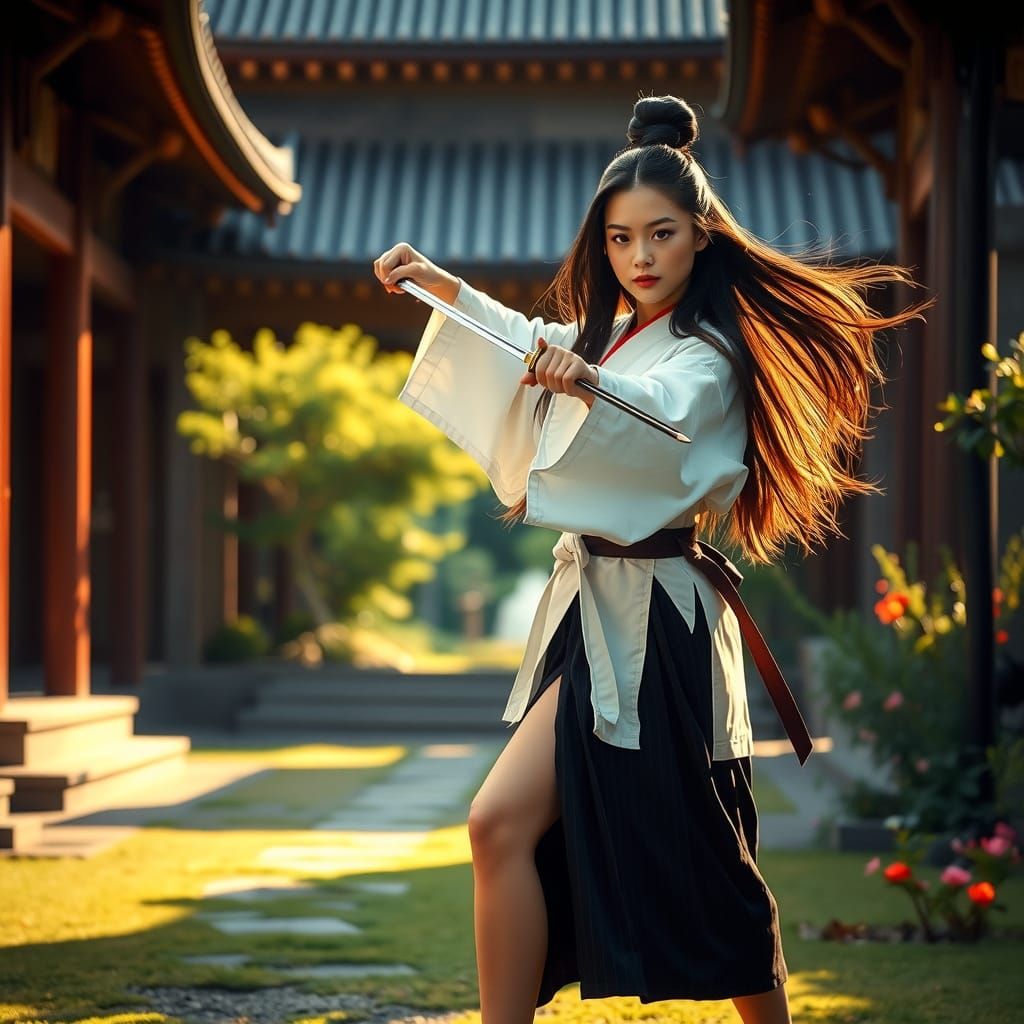 Serene Aikido Warrior in Ancient Temple Garden