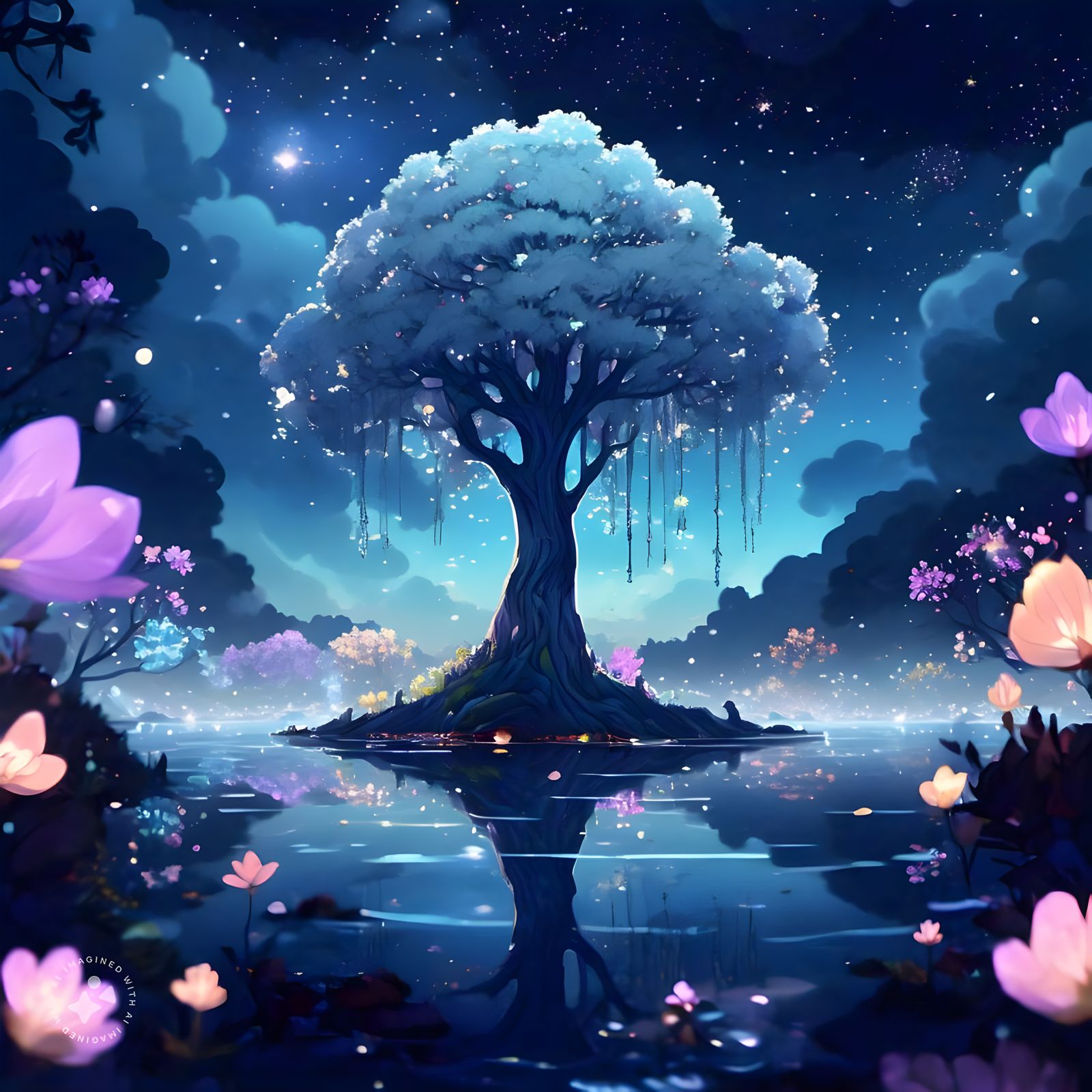 Tree with night sky and flowers