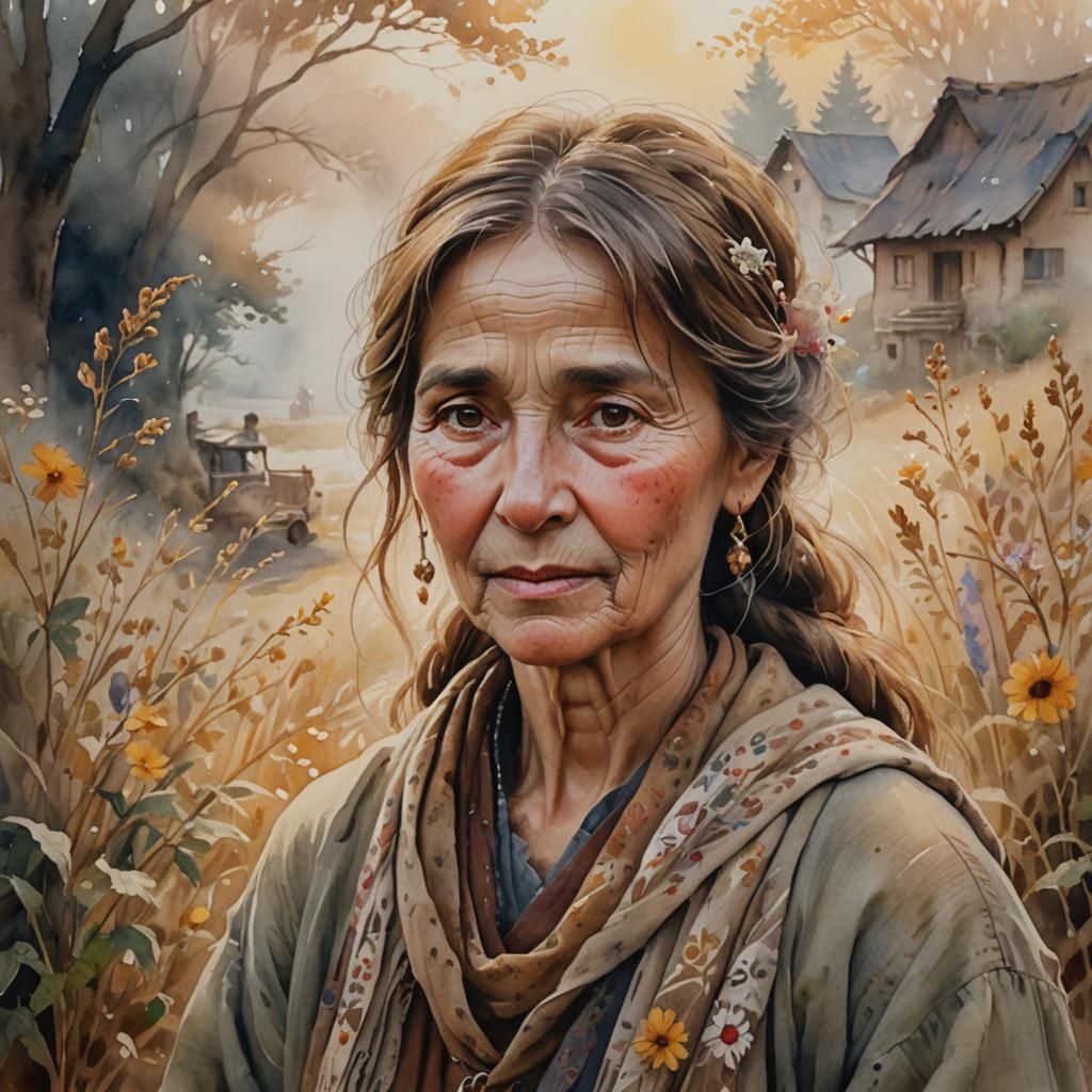 watercolor painting, character portrait, a village healer woman, brown hair  by @SirEdmund