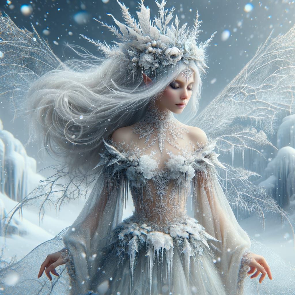 A beautiful snow fairy in the snow with gorgeous long hair crystalized snow fragments. wet snowy detailed outfit. beautiful wings <lora:Effe...