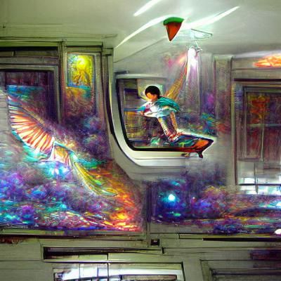 A flying subway train with a child in the window