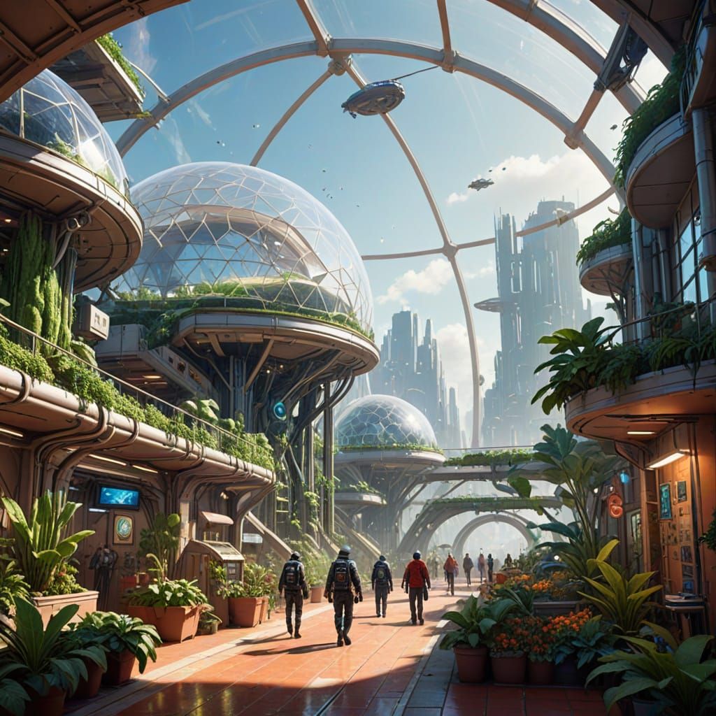 A Martian settlement thrives beneath a massive, transparent dome, revealing a vibrant cityscape with ...  by @Tim