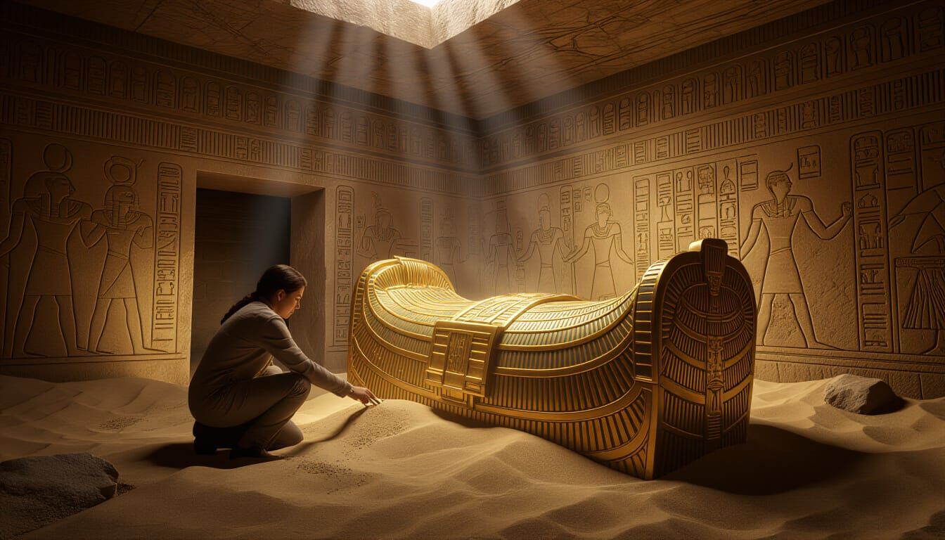 Archaeology. Digital matte painting. Wide shot. A determined archaeologist unearths a magnificent, golden ...  by @Niels Carlsen