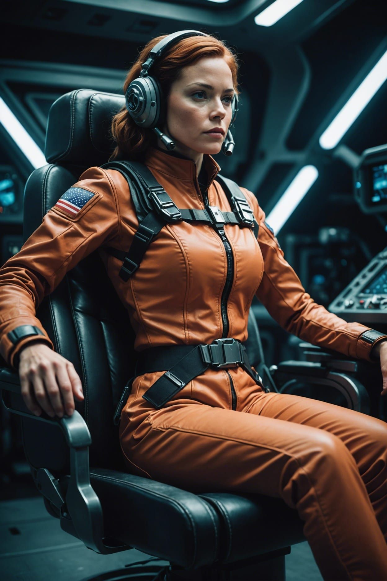 photo realistic unclad female space pilot strapped in a chair Cinematic ...