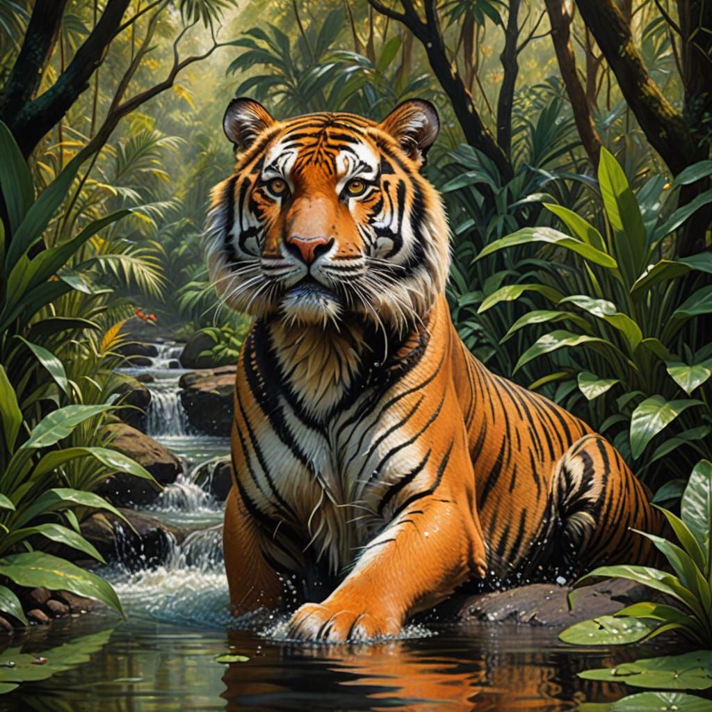 Bengal tiger plays in jungle river  by @Kris