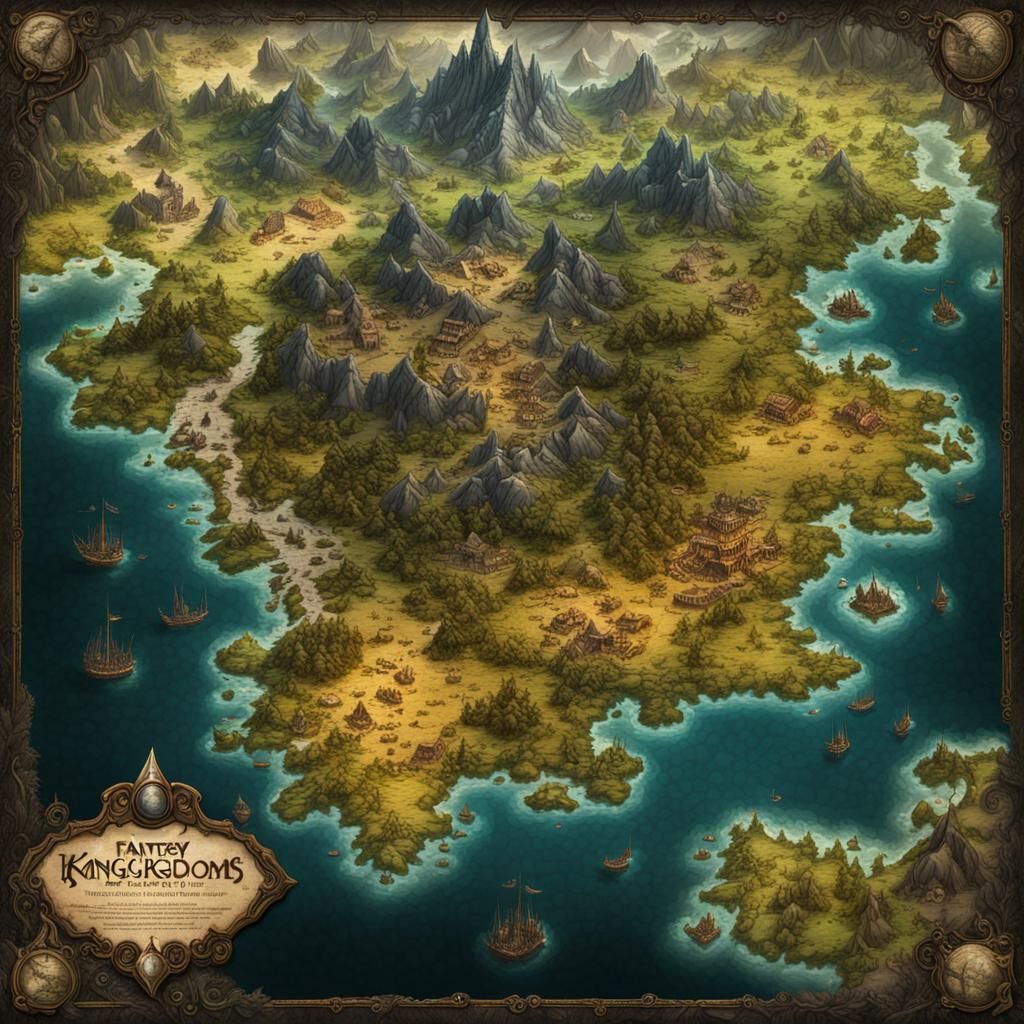 Fantasy Kingdoms map of the continent with towns and farms, fantasy ...