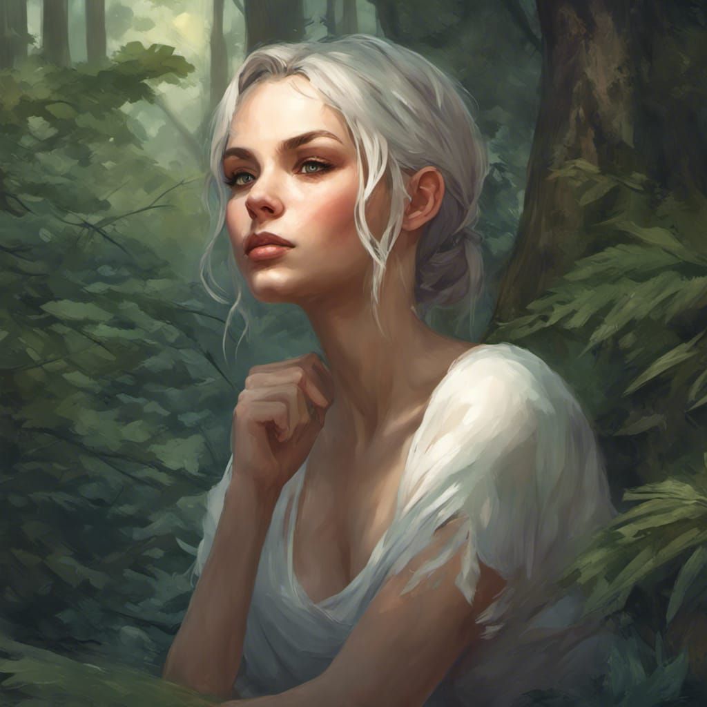 A beautiful woman in an euforic mood sitting on a forest flo...