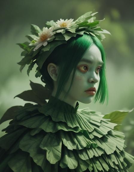 Monster doll woman with beautiful green leafs with flowers d...