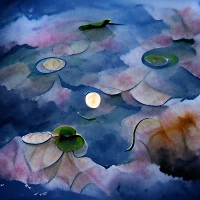 watercolor lilypads and the moon