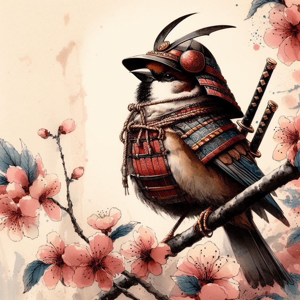Sparrow Samurai Contemplating Cherry Blossom
