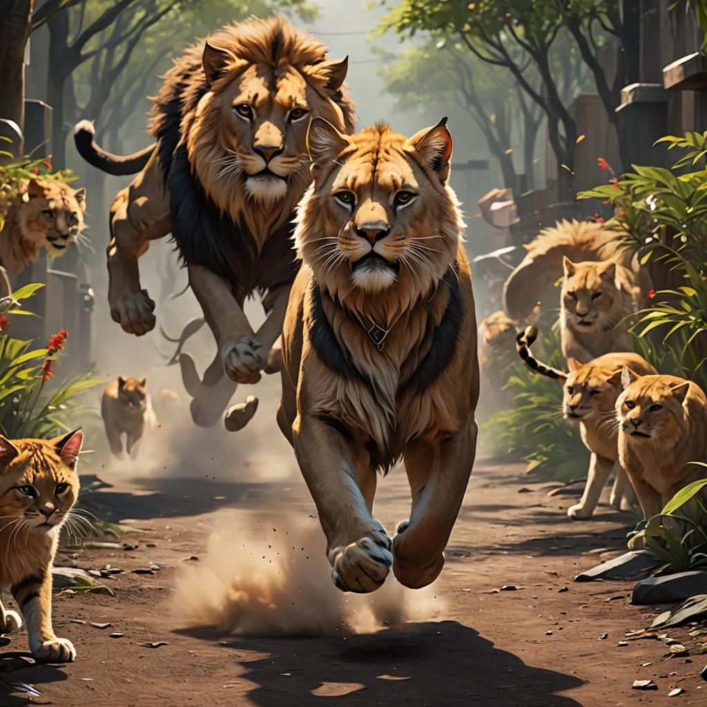 Un león corriendo de un gato salvaje súper Kawai