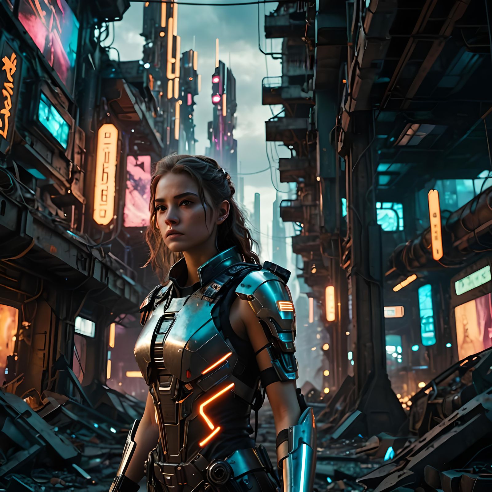 Futuristic Girl in Post-Apocalyptic Metropolis