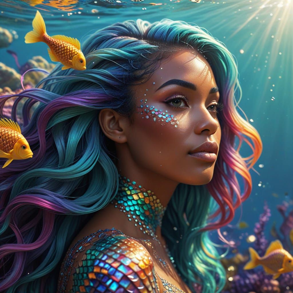 Multiracial Mermaid with Iridescent Scales in an Underwater ...
