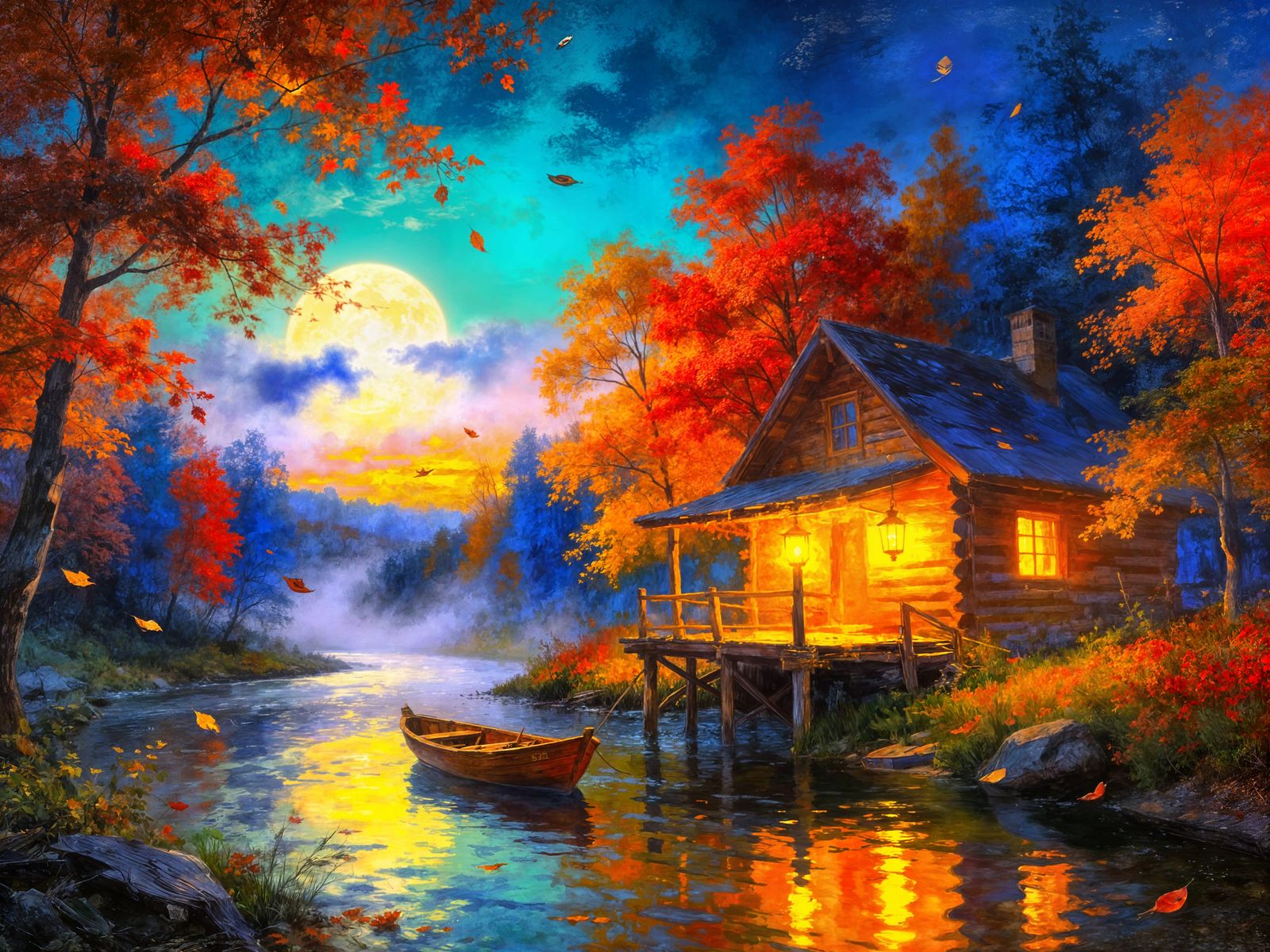 Dreamy Twilight Cabin by River in Autumn