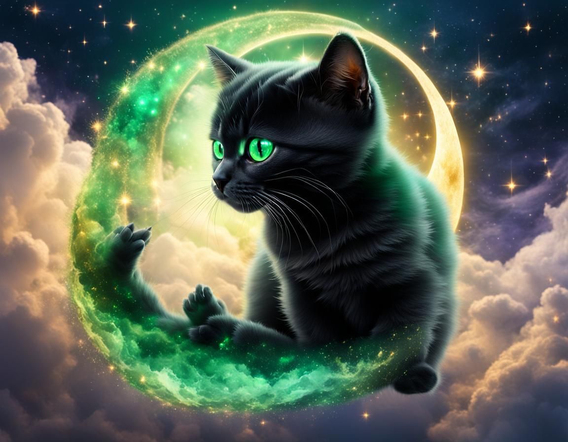 Celestial black smoke kitten with green eyes playing in the ...