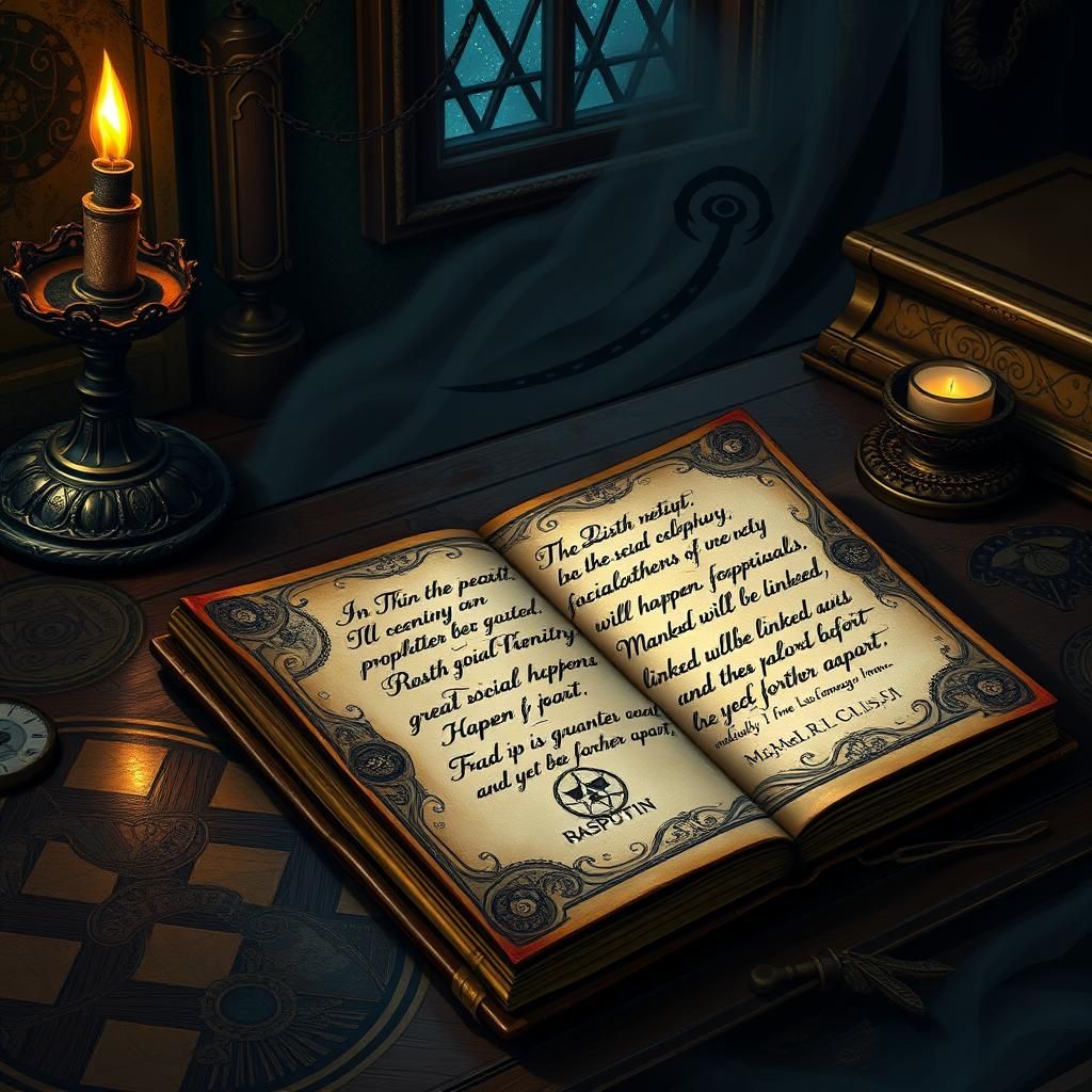 An illustrated diary with drawings and symbols written by Rasputin saying, "In the 21st century, great ...  by @undefined
