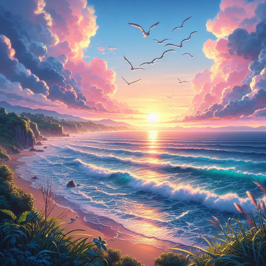 Beach Scene With Cotton Candy Skies