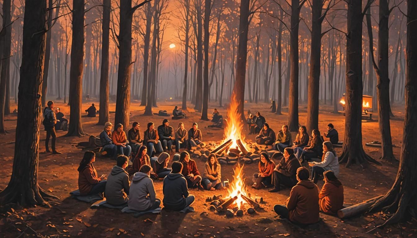 Bonfire Gathering: An outdoor scene of friends or family gat...