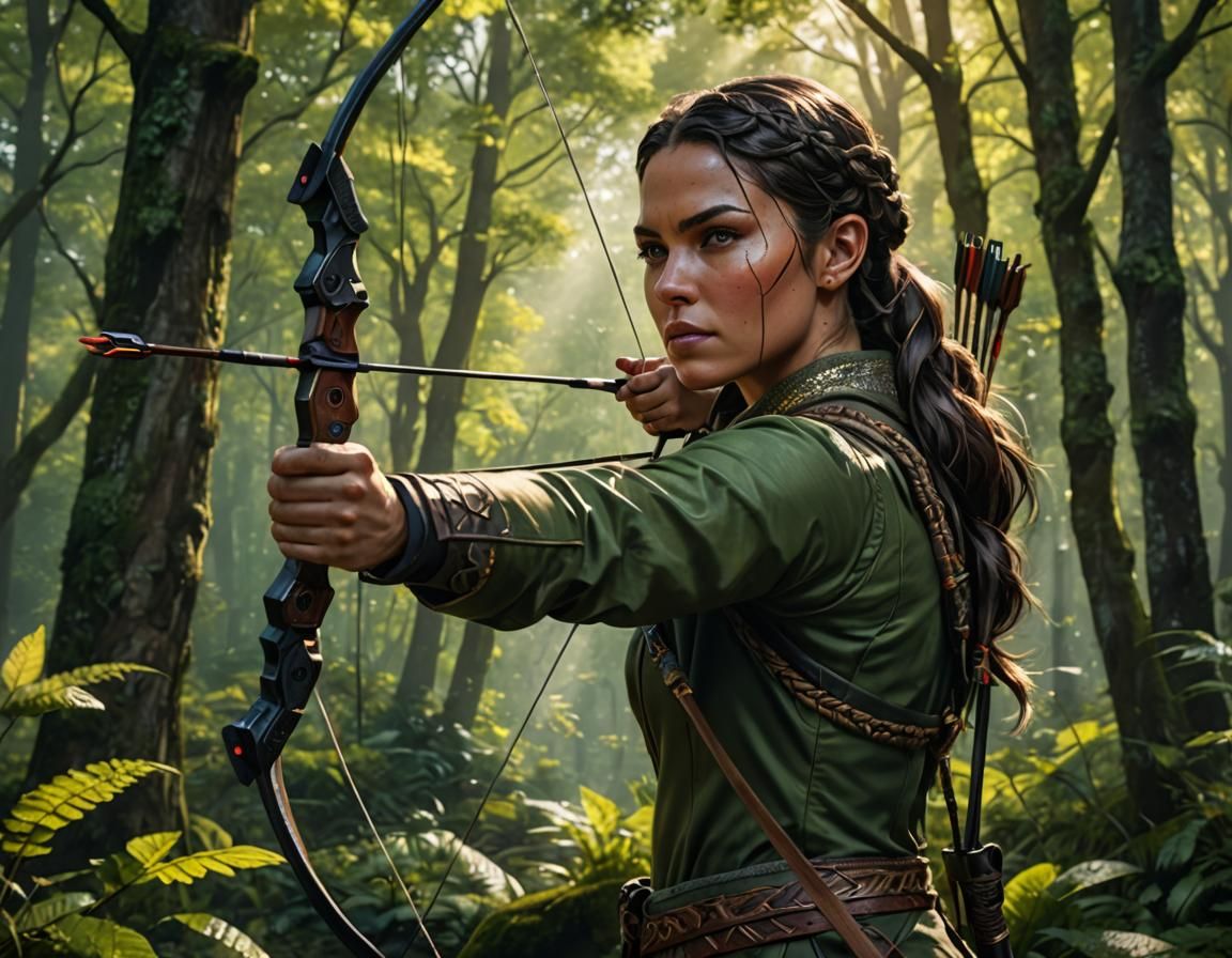 In a modern setting, a green, bright forest with lots of bushes, on a rock in the foreground stands an archer and aims w...