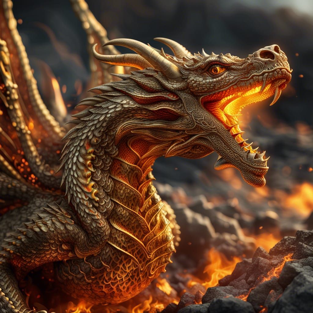 gold silberner schimmernder feuerspeiender Drache, Vulkanaus...
