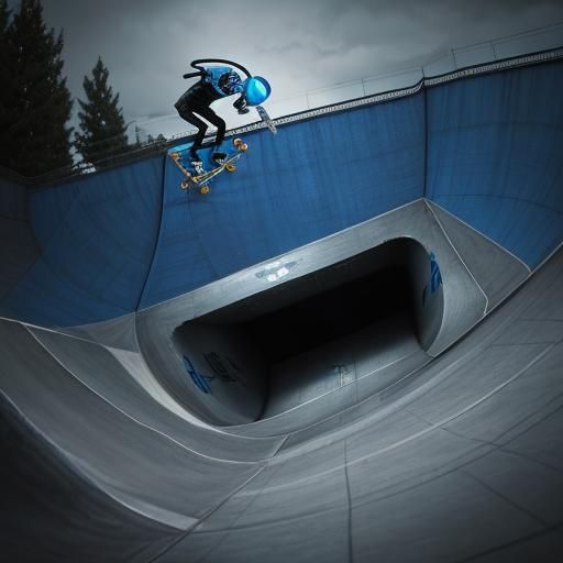 Alien (skatepark) blue, at night, alien Skateboarder doing t...