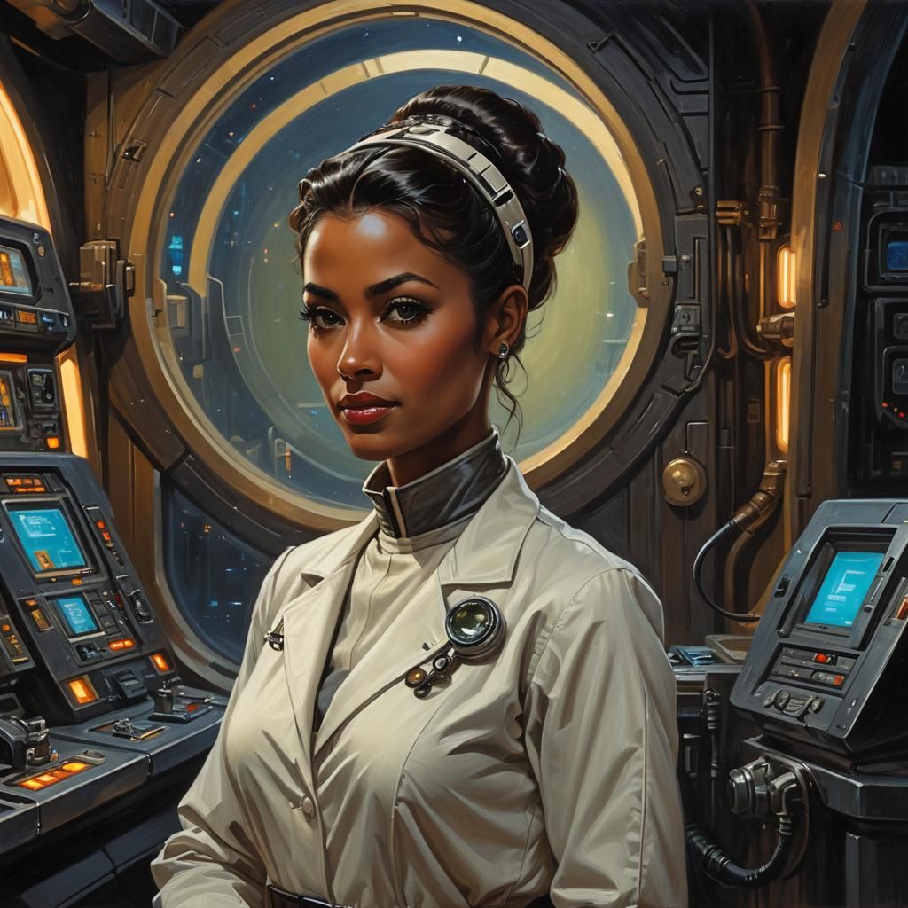 retro-futuristic atmosphere, a female doctor in her thirties...