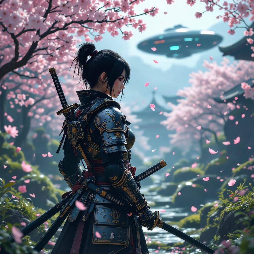 Samurai Warrior in Futuristic Bioluminescent Garden