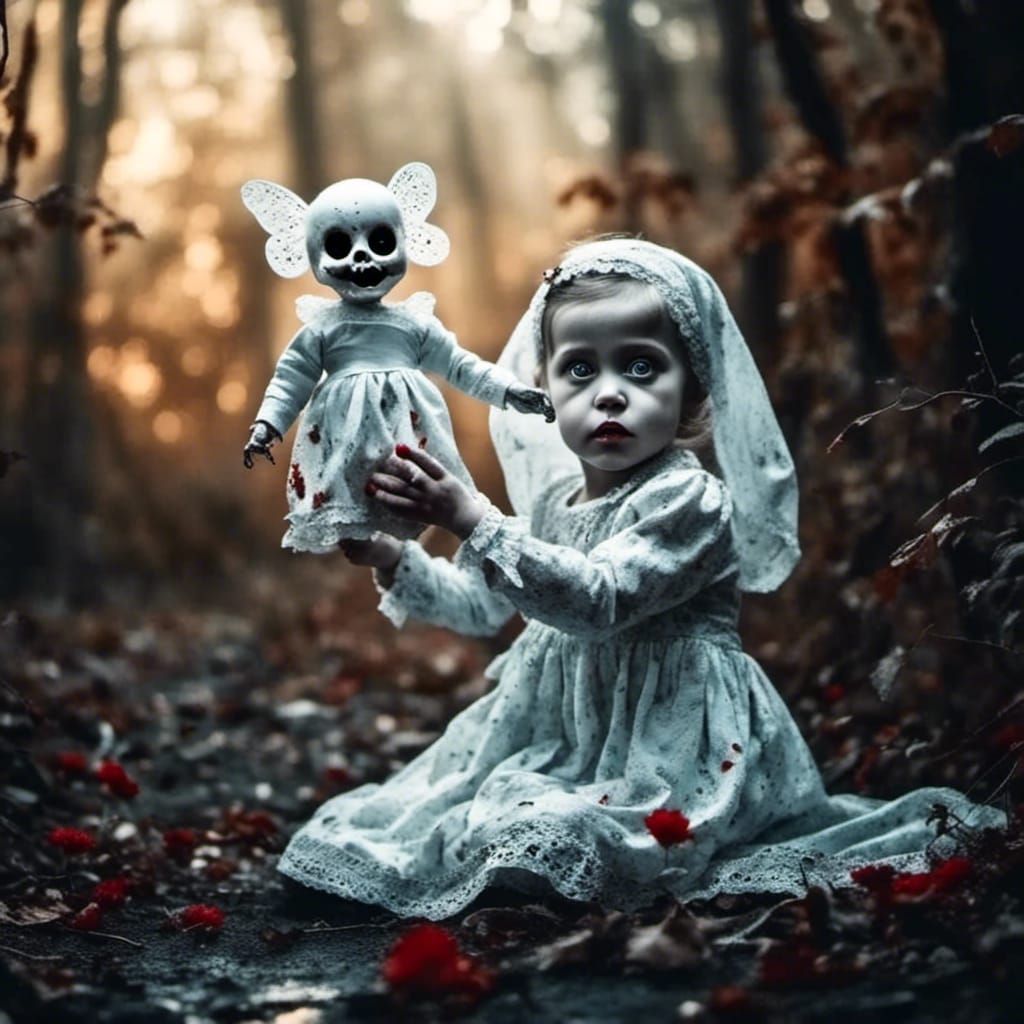 Eerie Ghost Girl with Doll in Dark Fantasy