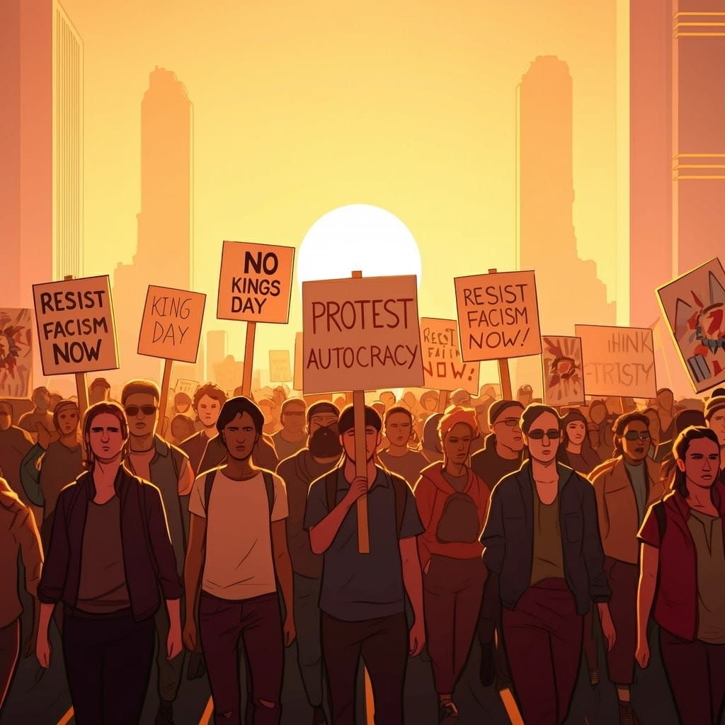 In a vibrant, golden hour setting, an abstract digital art piece captures a diverse crowd of protesters holding picket s...