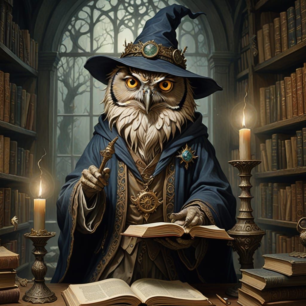 a wise old owl wizard perched atop a stack of ancient tomes in a library.  by @mgafner