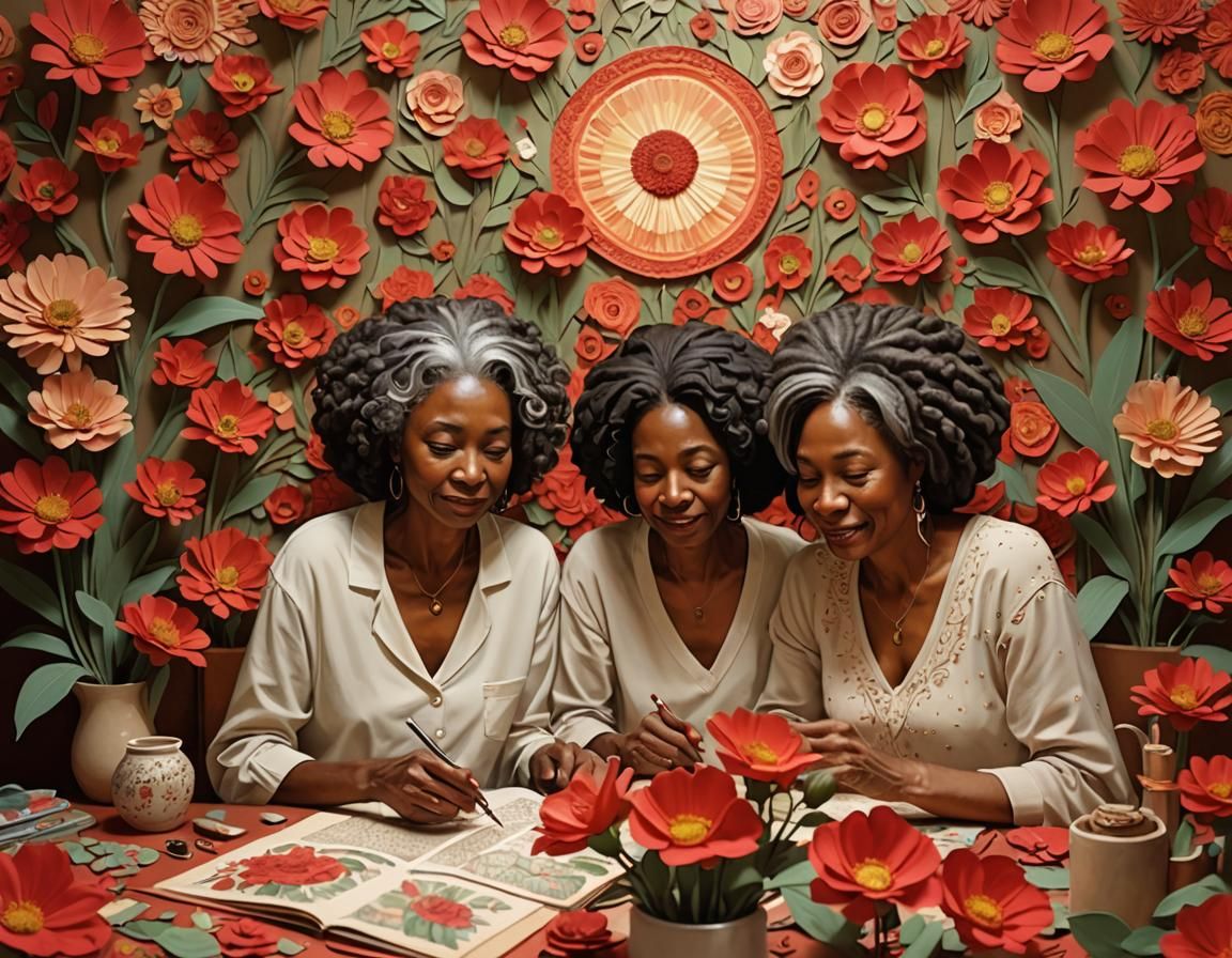 Older, female melanin, Friends in a large bedroom scrapbooki...