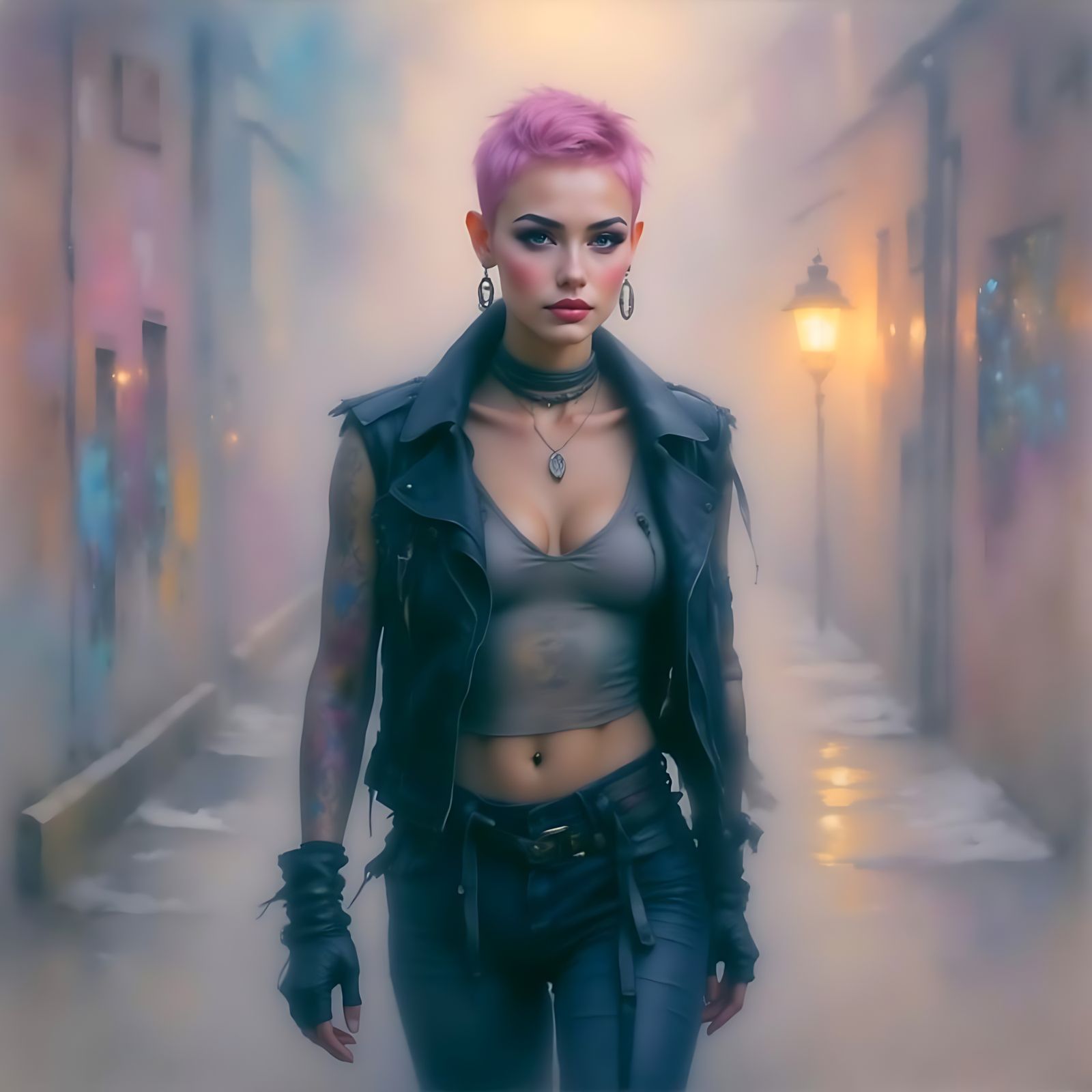 Impressionist Punk Woman in Graffiti Alley