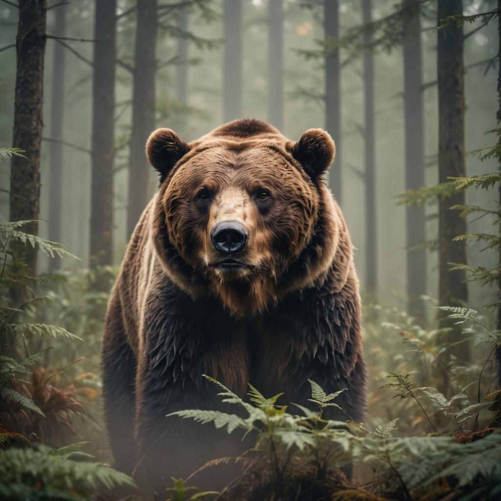 Macro Portrait of Brown Bear in Misty Forest