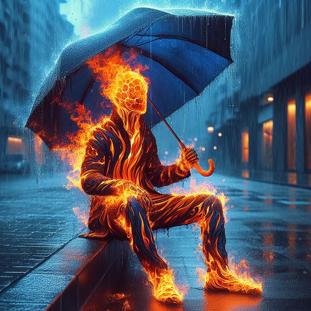 Fire humanoid holding umbrella in the rain