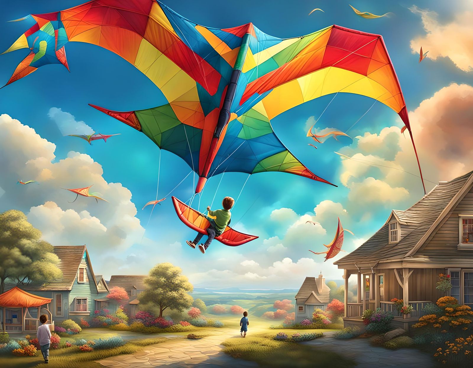 A sunny blustery day with wispy clouds. A giant kite that is shaped like a pteradon is up in the air. ...  by @Luz Decker