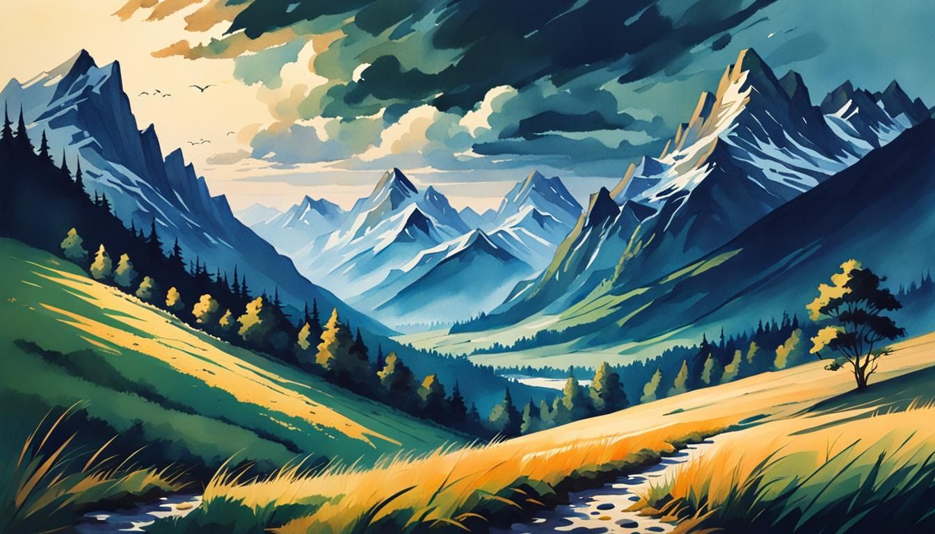 Mountain Vista: Watercolor Matte Painting with Deep Shadows
