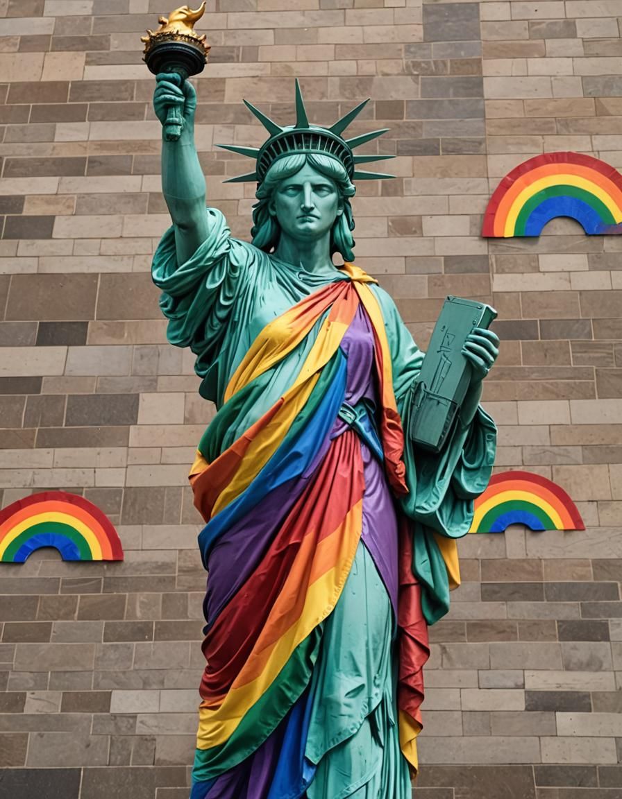 Statue of Liberty in a rainbow pride toga,