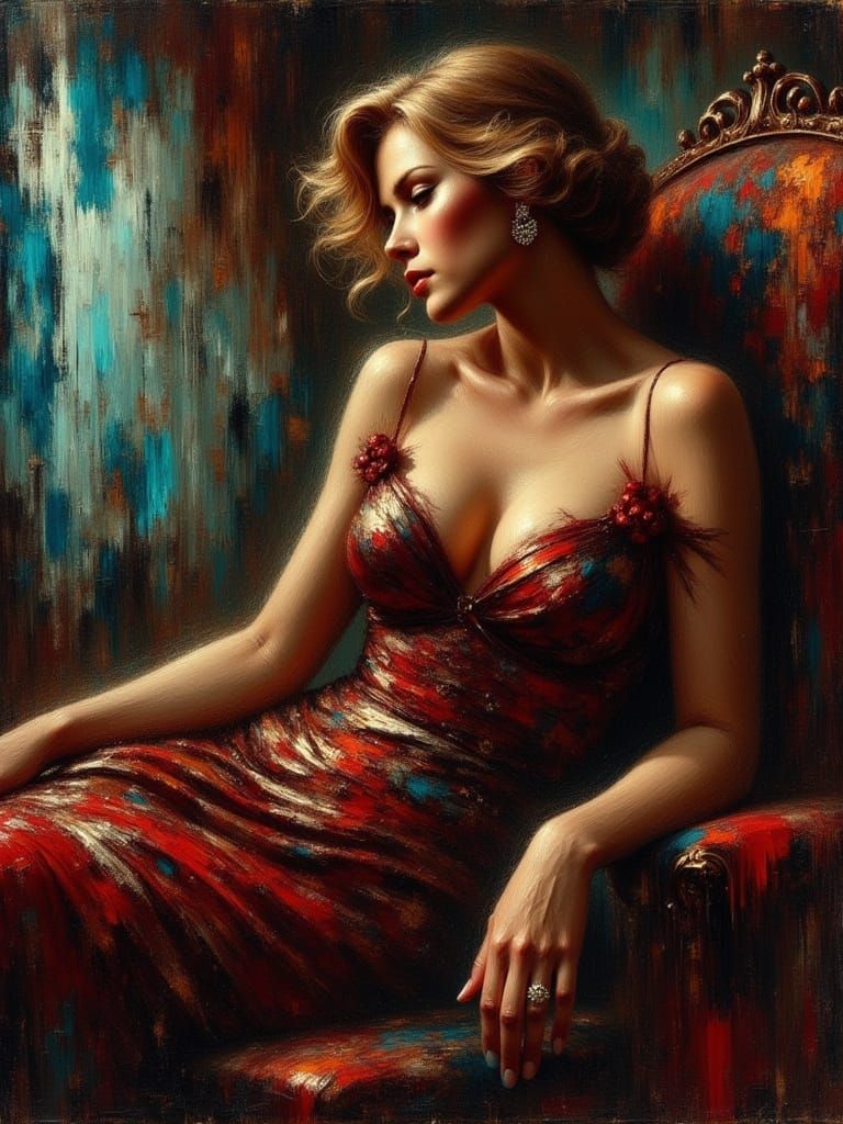 Elegant Lady in Opulent Interior, Expressionist Impasto Oil ...