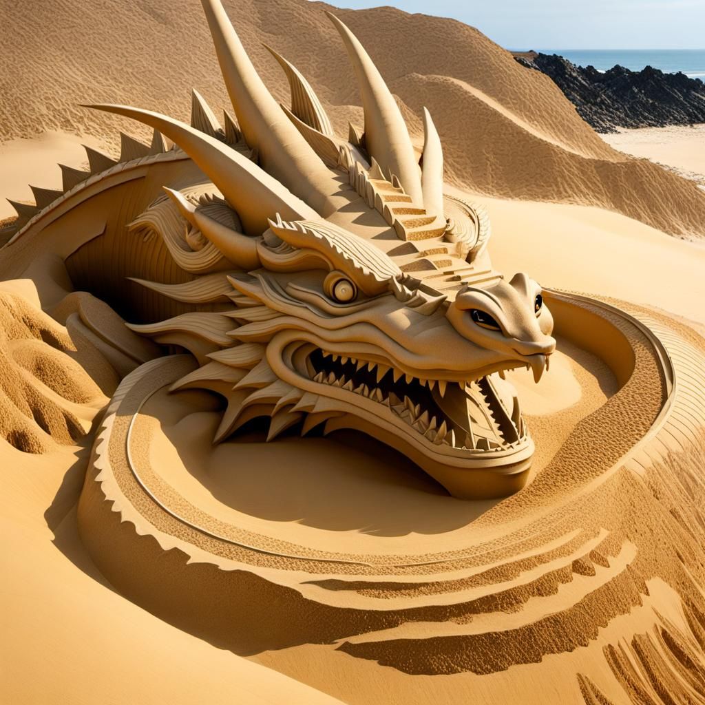 Sand sculpture of a dragon head