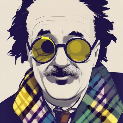 portrait of einstein, sunglasses, blue eyes, tartan scarf, white hair ...