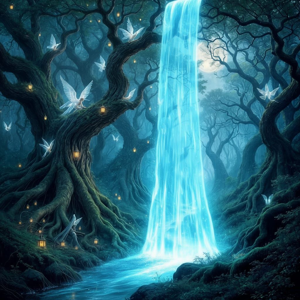 Put a blue translucent luminous humanoid woman with long flowing hair rising up out of the stream