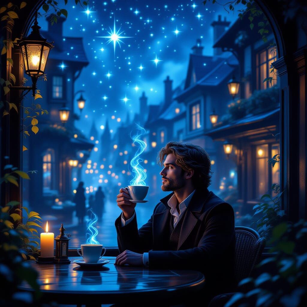 In a midnight café hidden between worlds, Finn watches enchanted candles float like stars around the ceiling. His coffee glows with an inner...