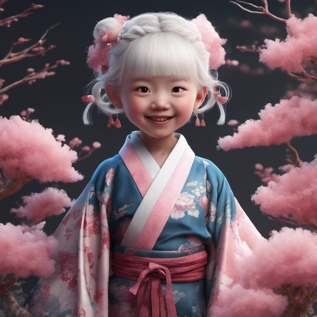 Little albino toddler japanese smile girl, kimono pink, blue eyes - AI ...