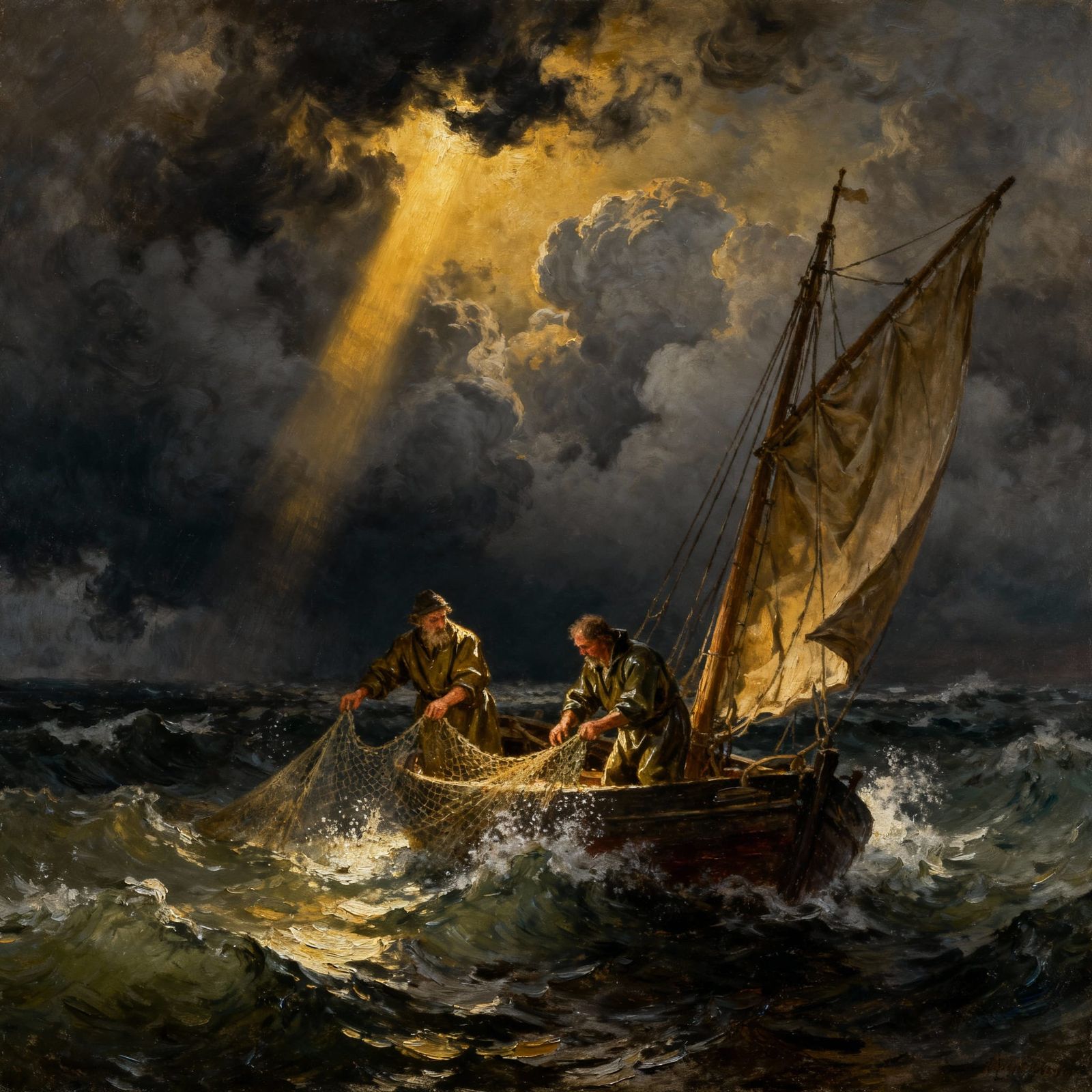 A Dutch Golden Age painting of two fishermen casting their nets from a small sailing ship on a dramatic ...  by @Winter Neumann
