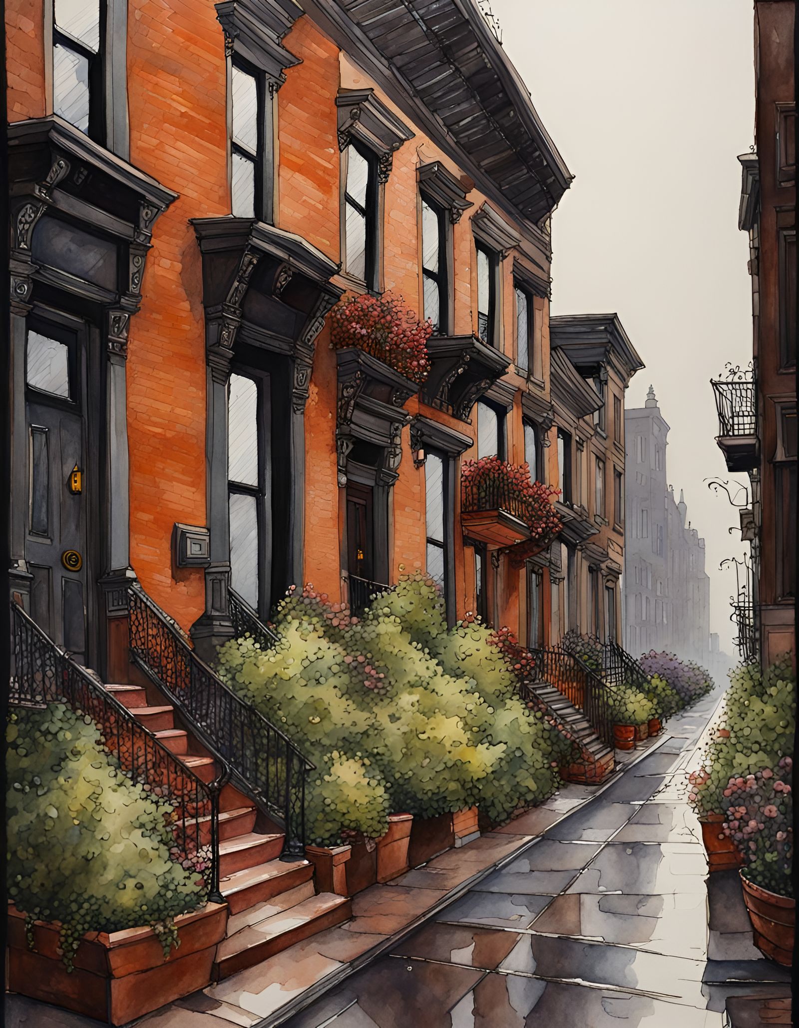 detailed painting, watercolor, pen and ink, cityscape street...