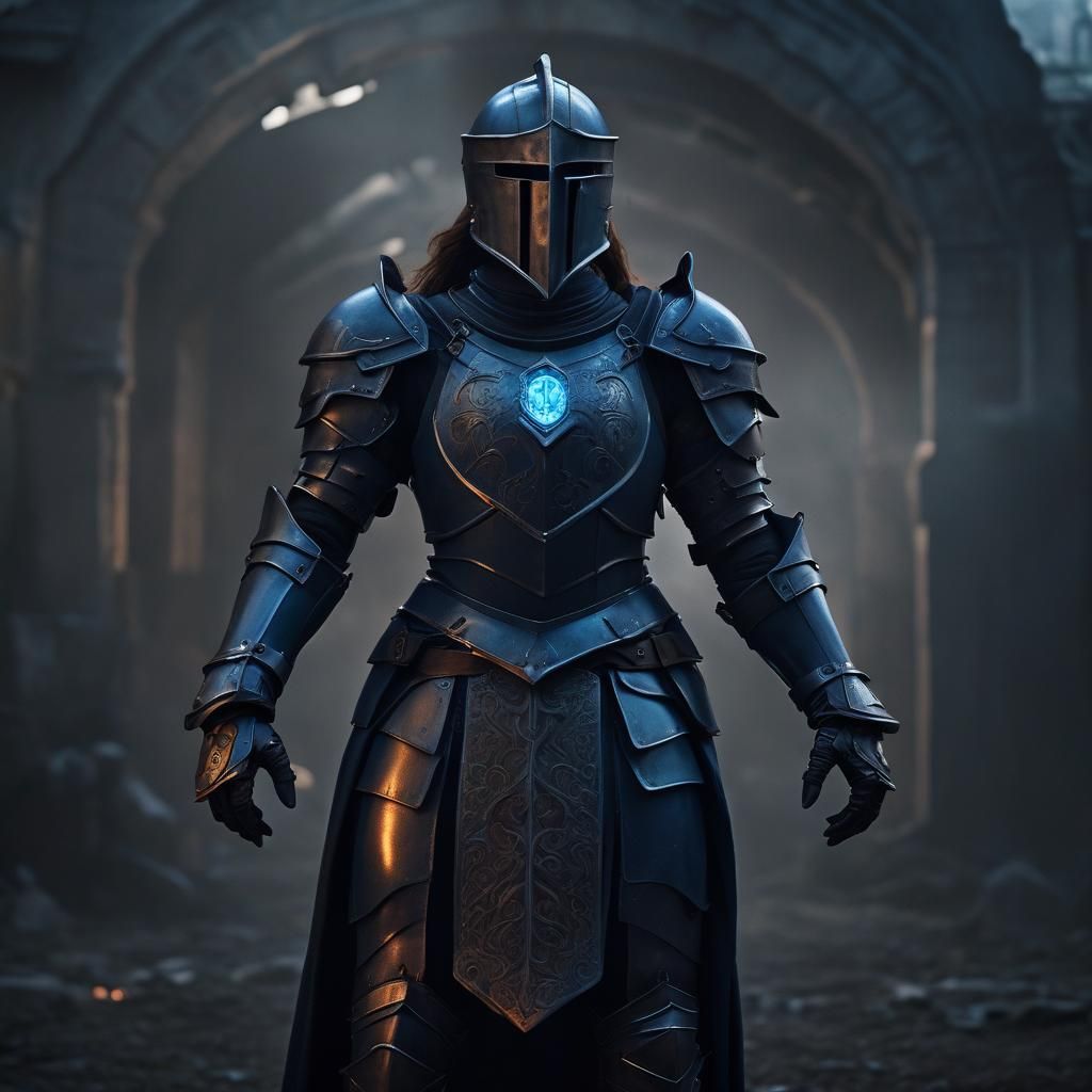 Female Knight wearing a Dark Blue Steel Armor that has a glo...