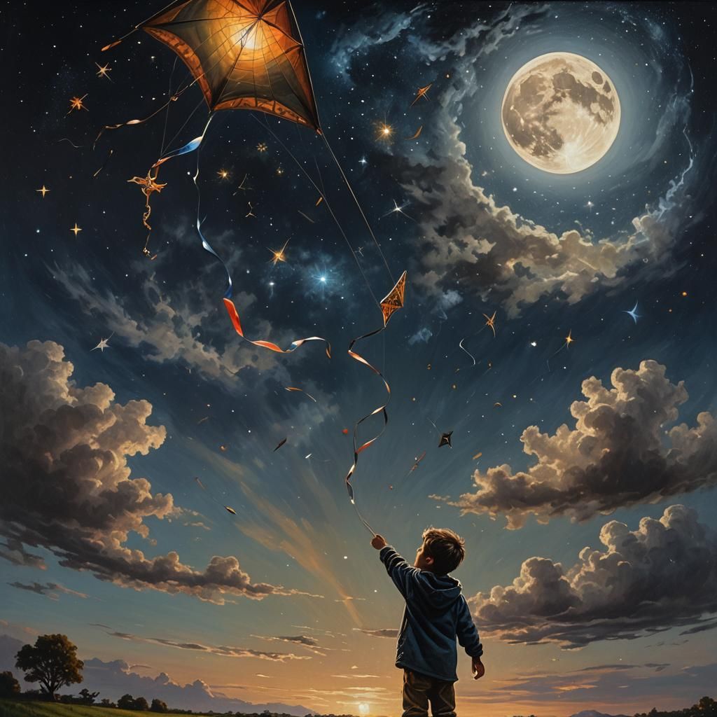 A child holding on to a kite flying through the sky  by @Daleone