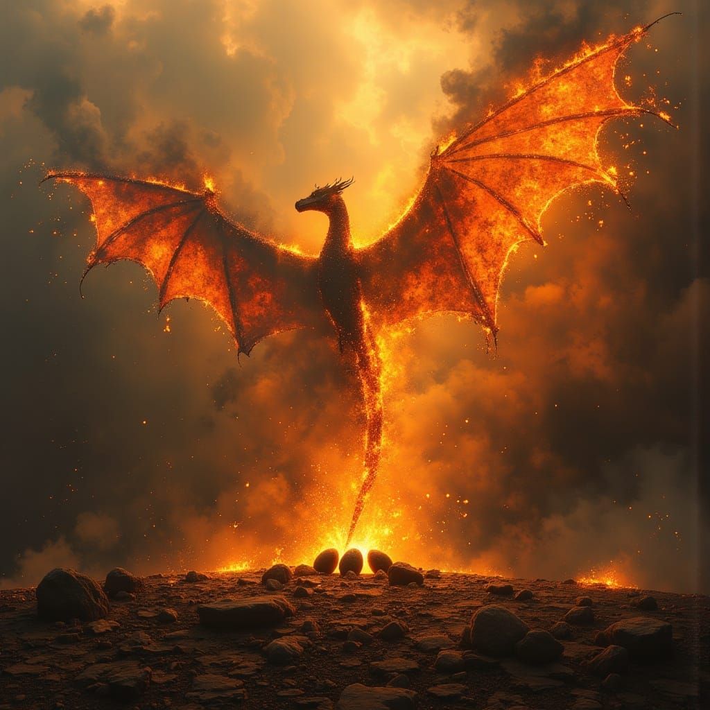<lora:MJ6 Dark Oil Paint:1.0> A mighty dragon made entirely of blazing fire rises into the air above a once-flourishing valley, now reduced ...
