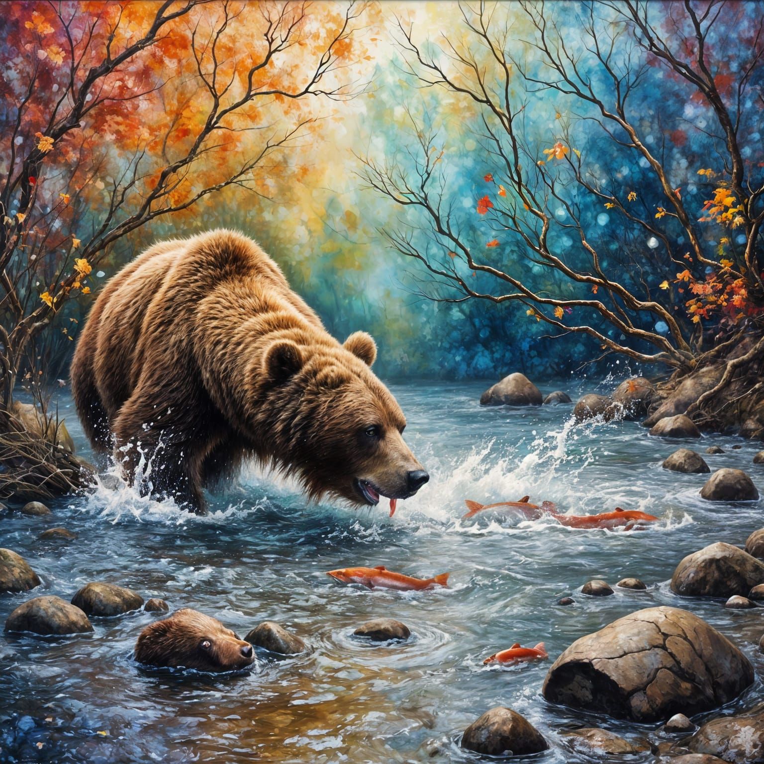 <lora:News-Worthy:1.0> <lora:Alcoholic Inks:1.0> breathtaking hyper realistic oil painting, grizzly bear in river splashing around fishing f...
